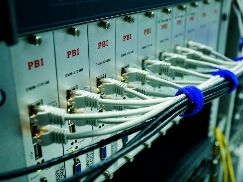 Neatly dressed patch cabling on rack-mounted network equipment